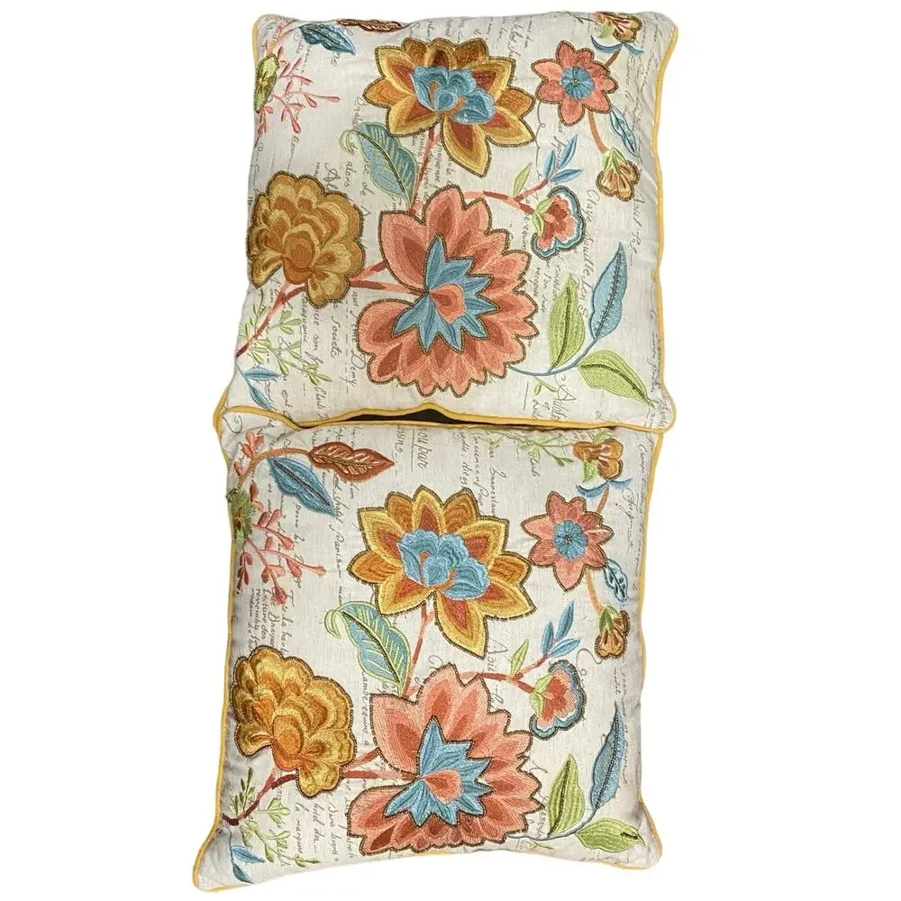 Linen Embroidered Beaded Floral Accent Pillows‎ set of two 12